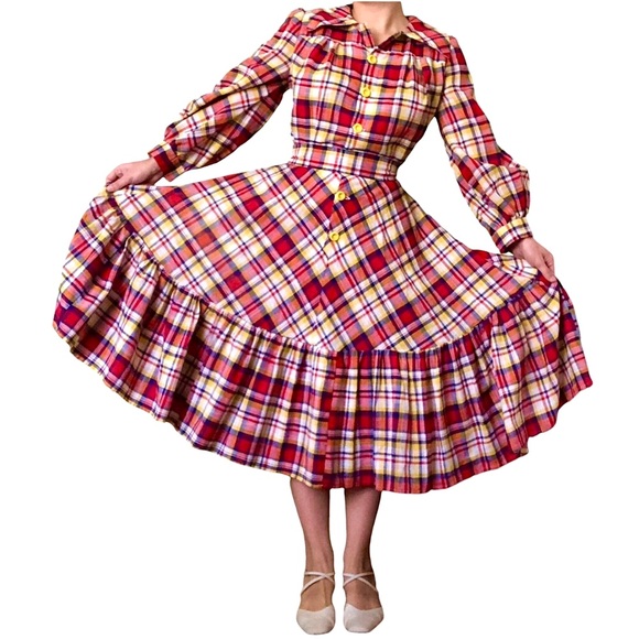 Dresses & Skirts - Vintage Handmade Western Cottagecore Plaid Tiered Midi Dress | Small